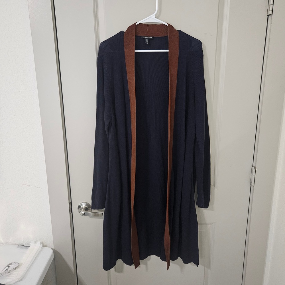 Eileen Fisher Silk Tencel Longline Cardigan Navy Rust XL
